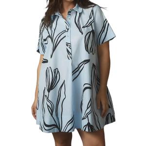 Women's Short Sleeve Swing Tunic Mini Dress Button Up Blouse Shirt Summer Loose Casual Flowy A Line Short Dress (Blue Flower) Size XL