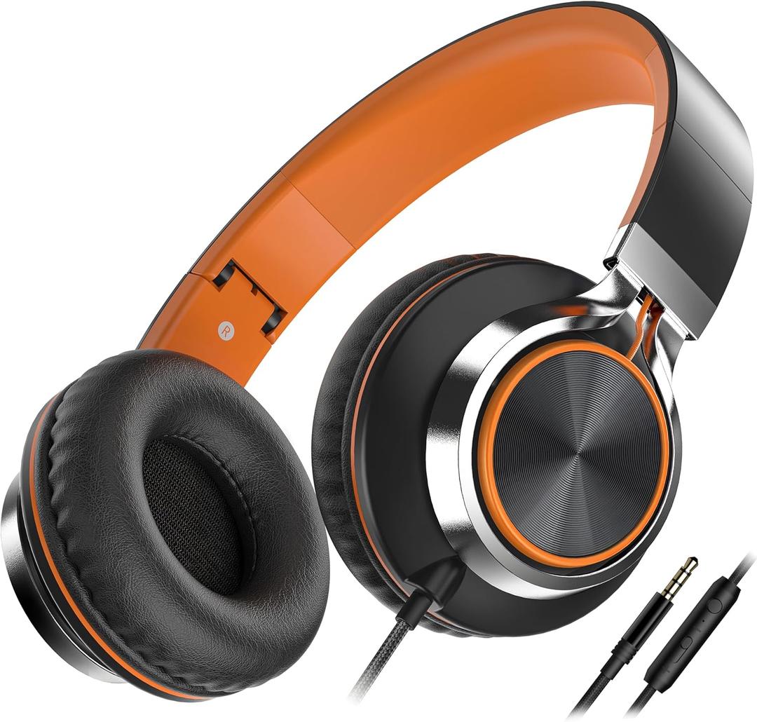 Kids Headphones, Headphones Wired with Microphone and Volume Control Folding Stereo Corded On-Ear 3.5mm Headset for Boys Girl Cellphones Tablets Chromebook Laptop Computer (Black/Orange) (Medium)