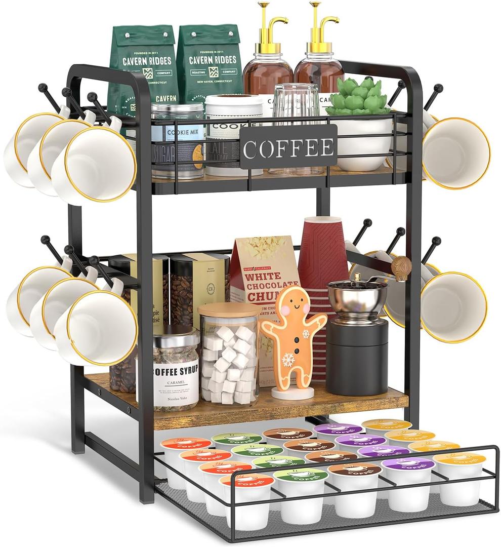EsLuker.ly Coffee Bar Organizer Station Shelf Mug Holder, 3 Tier Coffee Cup Stand Rack for Countertop with 12 Hooks, K Cup Pod Organizer Drawer for Home Office, Keeps Essentials Tidy & Accessible (Wood Brown+Black)