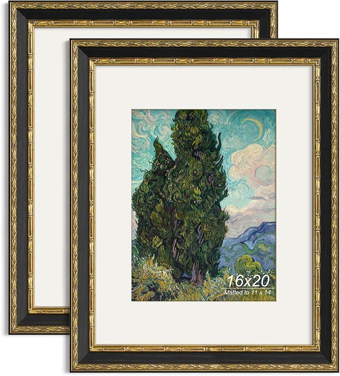 Yaetm 16x20 Vintage Picture Frame, Ornate Antique Gold 16x20 Frame for Wall, White Mat for 11x14 Photos, 1.4-inch Wide Molding - Portrait or Landscape - Wall Mount for Home (Black/Gold, 2 Pack)