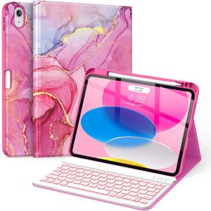 Soke for iPad (A16) 11th/10th Generation Case with Keyboard(2025/2022)-7 Color Backlight Wireless Detachable Folio Keyboard Cover with Built-in Pencil Holder for iPad 11/10.9 inch, HotPink Marble