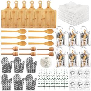 6 Sets Baby Shower Prizes for Game Winners, 37Pcs Include Bamboo Cheese Board Spoon Honey Stick Dipper Oven Mitts Towel Eucalyptus Stems Thank You Card and PVC Gift Bags Wedding Bridal Shower Favors