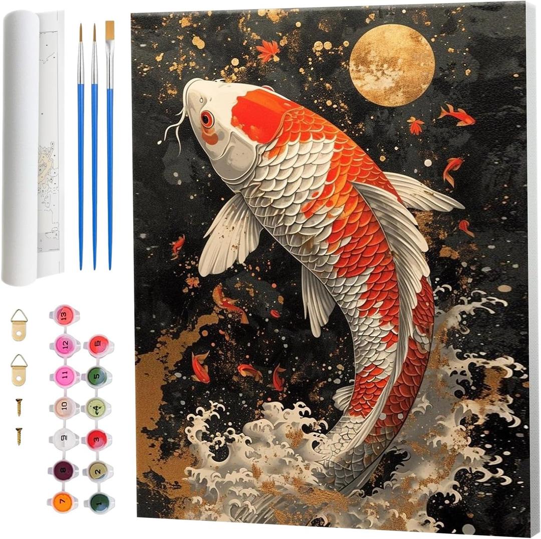 Amphol Paint by Numbers Kit for Adults, DIY Luckily Koi Fish Paint by Numbers Canvas with Brushes, Acrylic Paint, Watercolor Painting by Number Kit for Gift Home Decor - 16x20