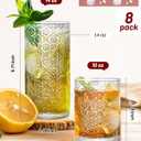Vintage Sunflower-Pattern Glasses Set of 8, 14 oz Tall & 10 oz Short Glass Cups, Mixed-Size Embossed Glassware Tumblers for Water, Juice, Cocktails, Clear Textured Drinking Glasses, Dishwasher Safe