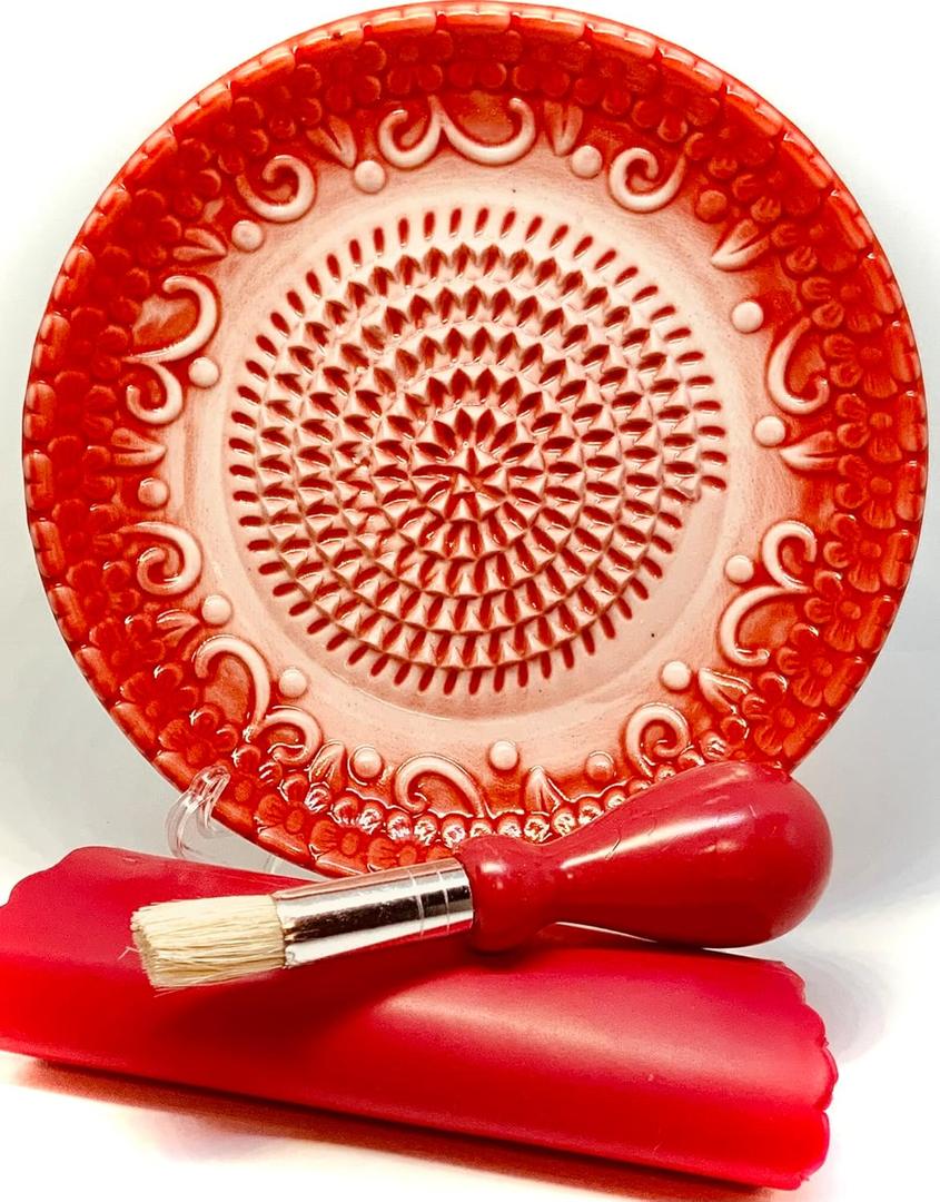 All-in-one 4pcs Prime Ceramic Garlic Grater Set - HandMade, Red Emboss Design Grater Plate w/Garlic Peeler, Gathering Brush, Display Stand, It's also grating Turmeric, Ginger, and more,