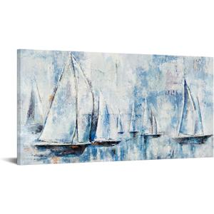 sechars Sailboats Painting Canvas Art Abstract Sailing Boats Wall Decor Rustic Nautical Theme Home Office Living Room Decorations 24x48 Inch (Blue)