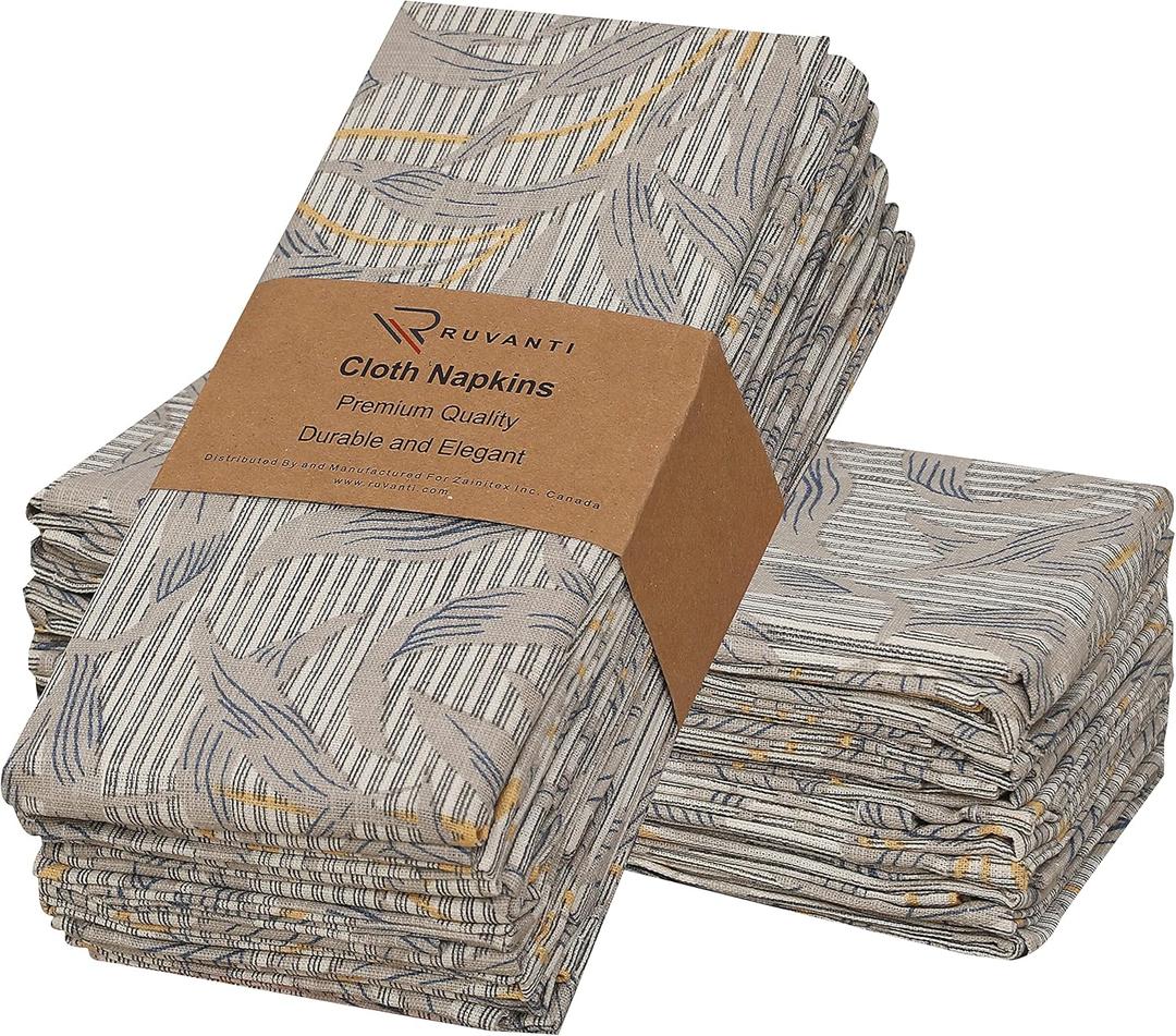 Ruvanti Cloth Napkins Set of 12 Cotton 100%, 18x18 Inches Napkins Cloth Washable, Soft, Absorbent, Cotton Napkin for Parties, Christmas, Thanksgiving, Weddings, Dinner NapkinsCloth - Leafy