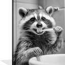 OWNANRTHM Raccoon Bathroom Canvas Wall Art Funny Animals Bathroom Pictures Raccoon Brushing Teeth Bathroom Painting Black and White Animals Bathroom Poster for Bathroom Restroom Wall Framed 12X16 inch (16L" x 12W")