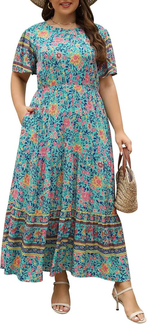 Nemidor Plus Size Women Maxi Dress Boho Casual Long Pocket (Blue, 4XL)