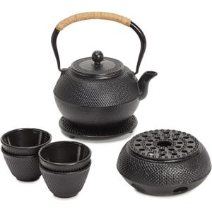 Juvale Tea Kettle Stovetop Japanese Cast Iron Tetsubin - 40 oz, Black - Cast Iron Tea Set & Teapot with Loose Leaf Infuser, Warmer & 4 Cups, Trivet