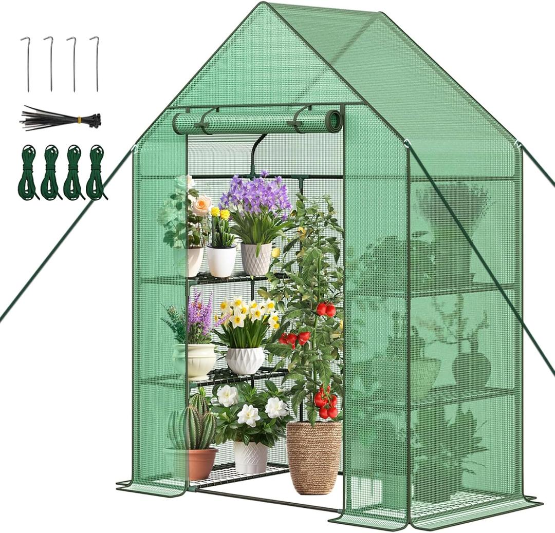 Greenhouse, 56" x 28" x 76" Walk in Greenhouse, Portable Green House for Outdoors with Thicken PE Cover, 3 Tiers 8 Shelves for Plants, Flowers, Seedling