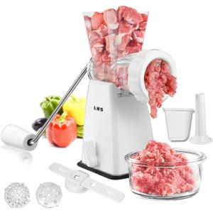 LHS Manual Meat Grinder with Stainless Steel Blades Heavy Duty Powerful Suction Base for Home Use Fast and Effortless for All Meats-White