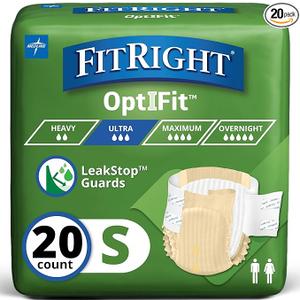 FitRight Adult Diapers, Ultra Heavy Absorbency, S (Waist Size 20in32in), 20 Count, OptiFit Incontinence Briefs for Men and Women, Disposable, MoistureWicking, Leak Protection,