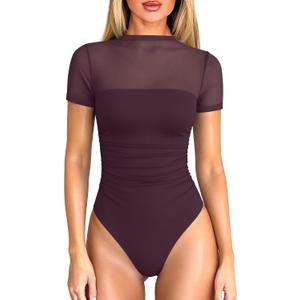 OQQ Women Short Sleeve Bodysuit Tummy Control Shapewear Mesh One Piece Leotard Shirts Going Out Tops, XL