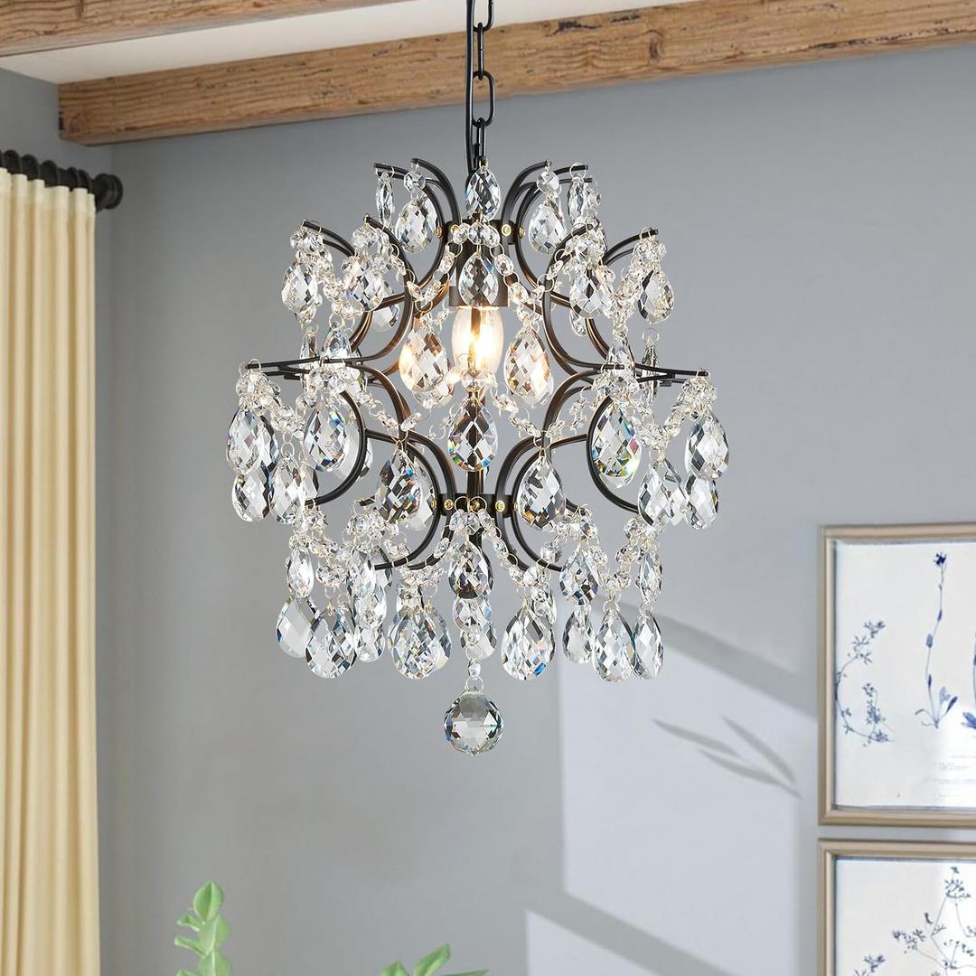 Bestier Black Modern Pendant Chandelier Crystal Raindrop Lighting Ceiling Light Fixture Lamp for Dining Room Bathroom Bedroom Livingroom entryway 1 E26 Bulbs Required D13 in x H16 in