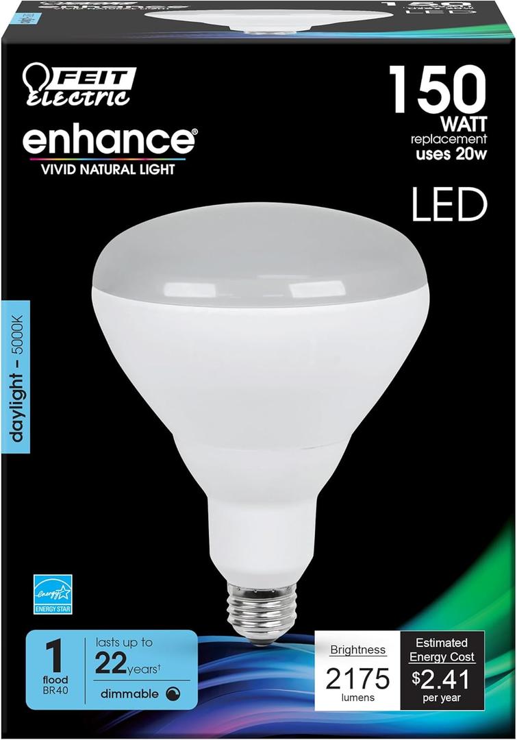 Feit Electric BR40 LED Light Bulb, 150W Equivalent, Dimmable, 2175 Lumens, E26 Medium Base, 5000K Daylight, 90 CRI, Flood Light Bulb for Recessed Cans, Damp Rated, 22-Year Lifetime, BR40DM/2175/950CA
