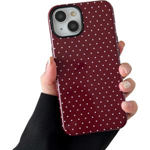 Compatible with iPhone 15 Case, Fashion Cute Polka Dot Pattern Aesthetic Design for Women, Soft TPU and Hard Back Shockproof Phone Case for iPhone 15 6.1 inch, Wine Red