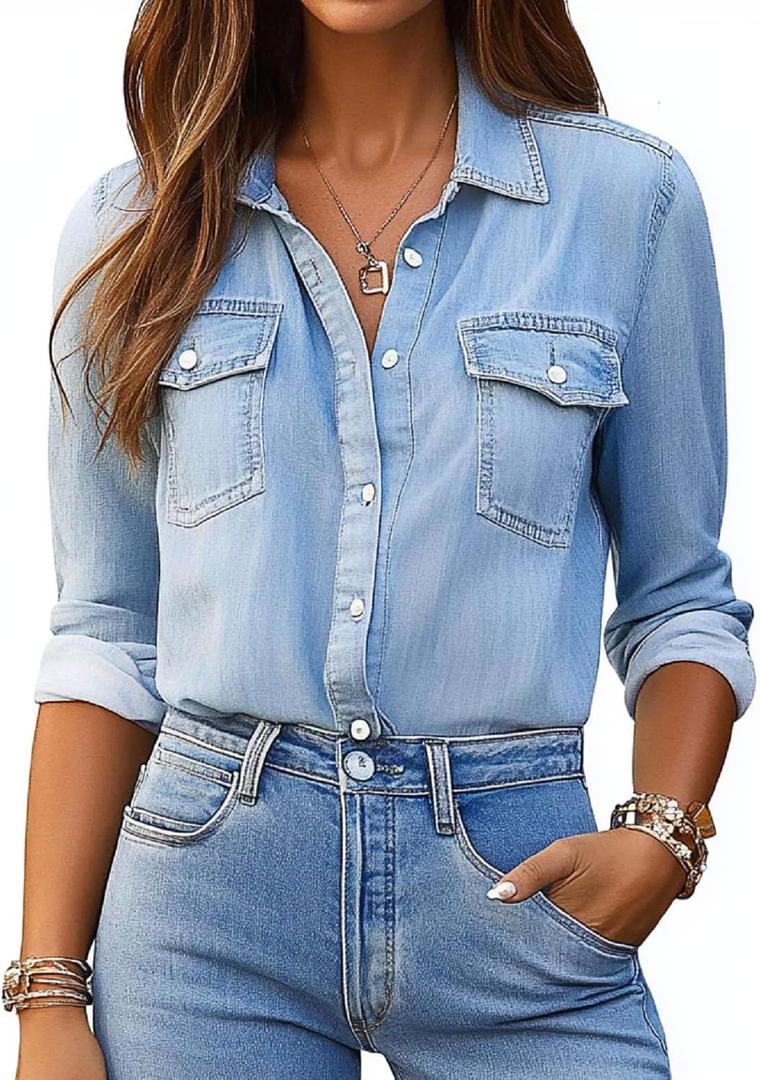 Denim Shirt Women Chambray Jean Western Shirts Long Sleeve Button Down Tops (Medium, Lightblue2943)