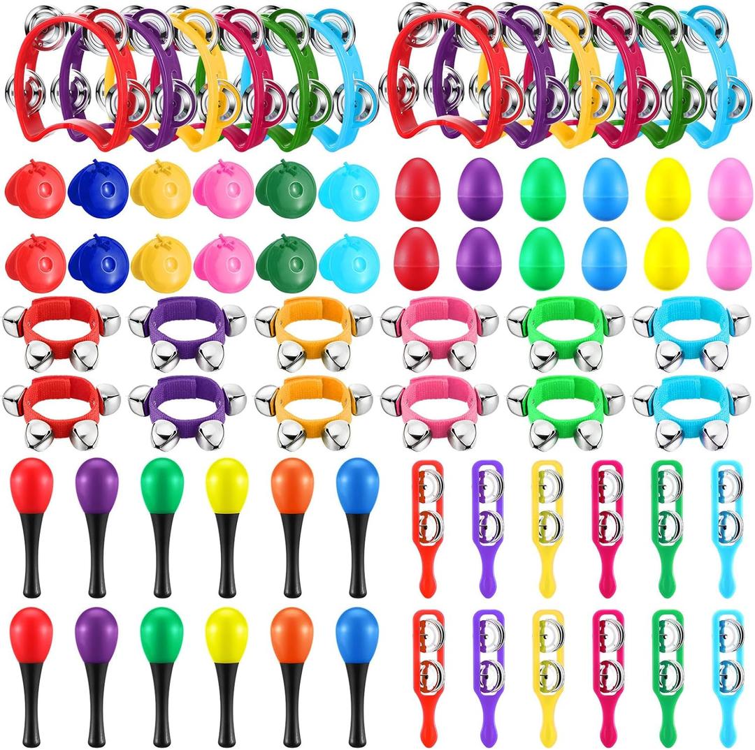 Silipull 72 Pcs Shaker Musical Instruments for Kids Egg Shaker Wrist Hand Band Bells Maracas Percussion Tambourine Cymbals Plastic Castanets for Preschool Early Music Learning Toy