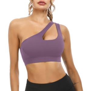 Sykooria Womens One Shoulder Sports Bras Workout Left Strap Yoga Bras Cute Medium Support Crop Tops (XX-Large, Purple Gray)