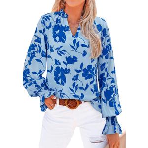 MASCOMODA Womens V Neck Floral Long Sleeve Tops 2025 Summer Casual Loose Puff Sleeve Chiffon Boho Work Blouse Dressy T Shirts (Medium, Light Blue Blue Flower)
