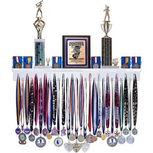 3ft- Medal Awards Rack Ultimate Medal Hanger Display and Trophy Shelf - Multi-Sport Trophy and Medal Holder for Medal Display, Plaques, Pictures, Trophies and More. Solid Wood - Large 36" - White