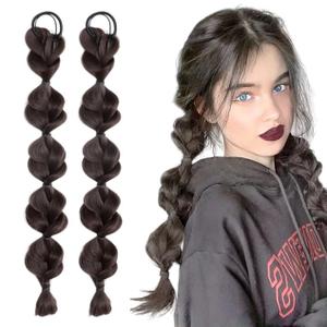 Bubble Ponytail Wig Synthetic Braided Extensions with Hair Ties Hair Band Hairpieces for Women Girls DIY Daily Wear Accessories (Brownish Black)