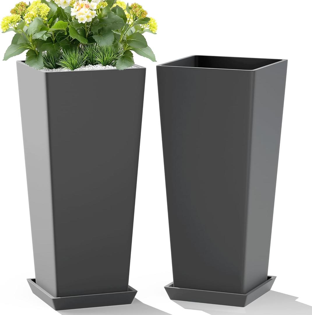 Set of 2 Tall Planters, 24" Large Indoor Outdoor Flower Pots with Tray, Modern Tapered Planters for Porch, Patio, Garden, Backyard (Cement Gray)