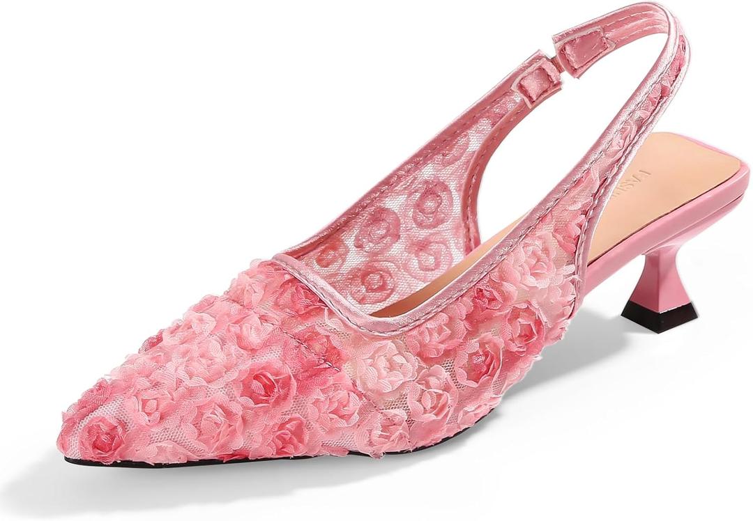 Elegant Lace Kitten Heels for Women - Slingback Pointed Toe Floral Mesh Dress Shoes - Low Heel Formal Wedding Guest Party Sandals (Size 8)
