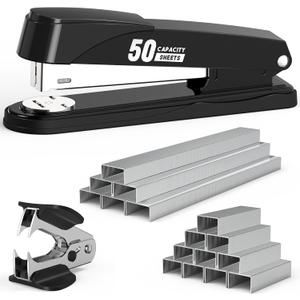 Metal Stapler Heavy Duty 50 Sheet Capacity with 1750 Staples and Staple Remover, Full Strip Staplers for Desk, No Jam, Non-Slip for Office & Classroom, Black