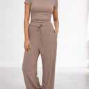 Women Set Pleated Short Sleeve Top Wide Leg Pants Loose Fit Matching Set Casual Lounge Travel Workwear,Size Medium