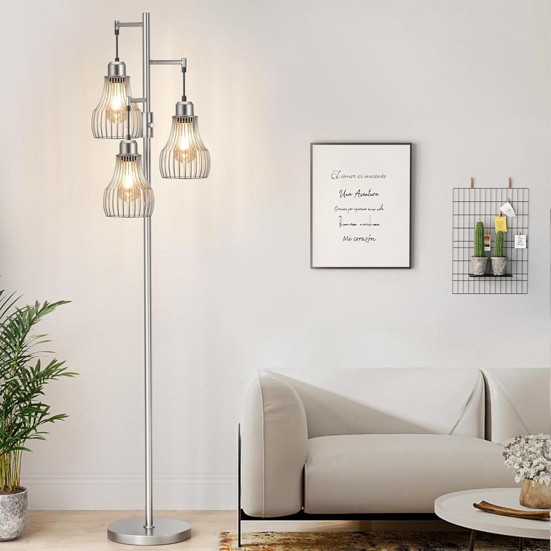 Dimmable Floor Lamp, 3 x 800LM LED Edison Bulbs Included, Farmhouse Industrial Floor Lamp Standing Tree Lamp with Elegant Cage Tall Lamps for Living Room Bedroom Office - Silver (C-Silver)