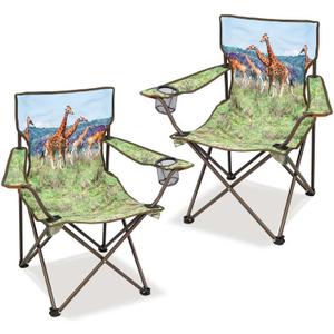 2 Pcs Animal Pattern Camping Chair,Folding Backpacking Lightweight Beach Chair w/Cup Holder,Mesh Side Pocket,Carry Bag,Portable Lawn Chair for Adults Family Outdoor Parties,Hiking,Giraffes