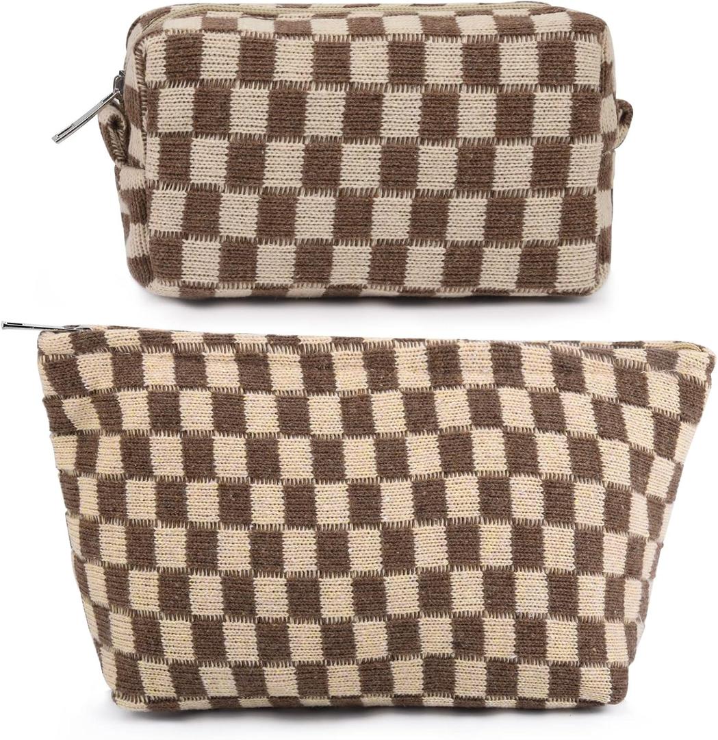 SOIDRAM 2 Pieces Makeup Bag Large Checkered Cosmetic Bag Capacity Canvas Mix Travel Toiletry Bag Organizer Cute Makeup Brushes Aesthetic Accessories Storage Bag for Women, Checkered Mix Brown
