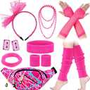 Hicarer 18 Pcs 80s Accessories for Women Girls Neon Retro Glow 1980s 90s Party Outfits New Year Costume Pink Fanny Pack Leg Warmer