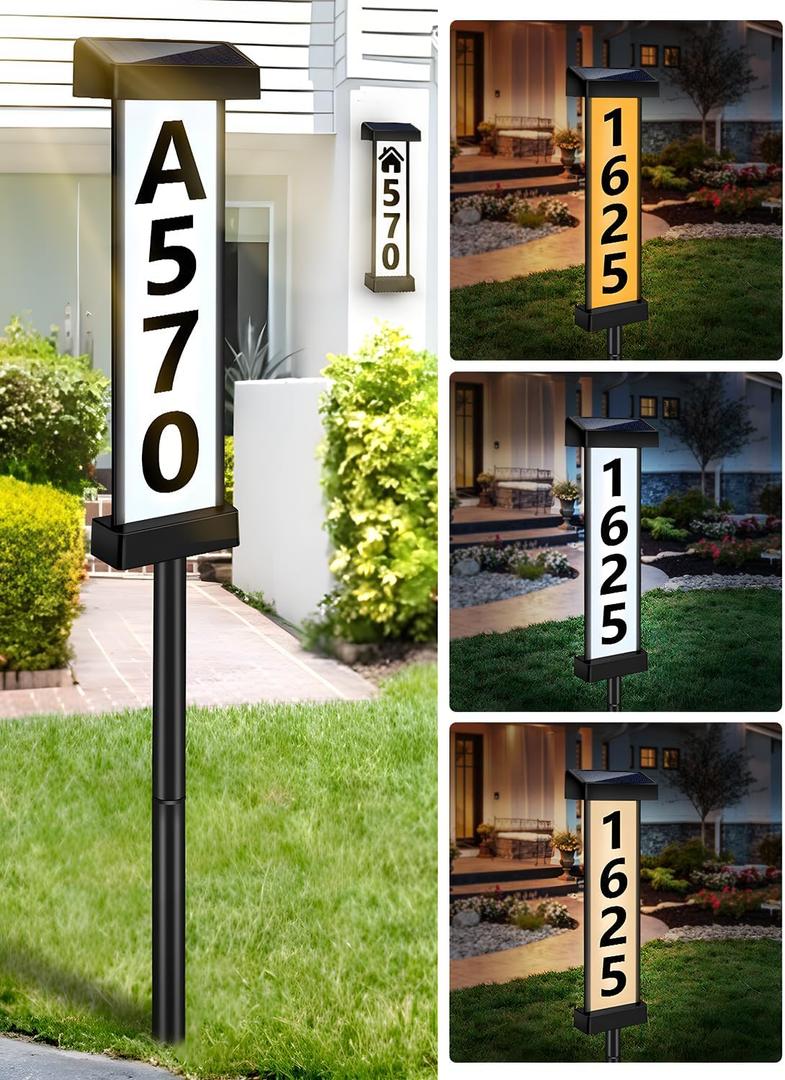DBF Solar Address Sign, Dual-Sided House Numbers for Outside Waterproof, 3 Colors LED Illuminated Solar Powered Address Plaque with Stakes, Outdoor House Number for Yard Street Home Garden