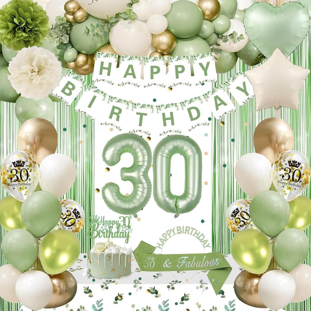 30th Birthday Decorations for Her, Sage Green 30th Bday Decorations for Women Happy Birthday Banner Green Gold Balloons Crown Sash Fringe Curtain Tablecloth Cake Topper for Bday Decor