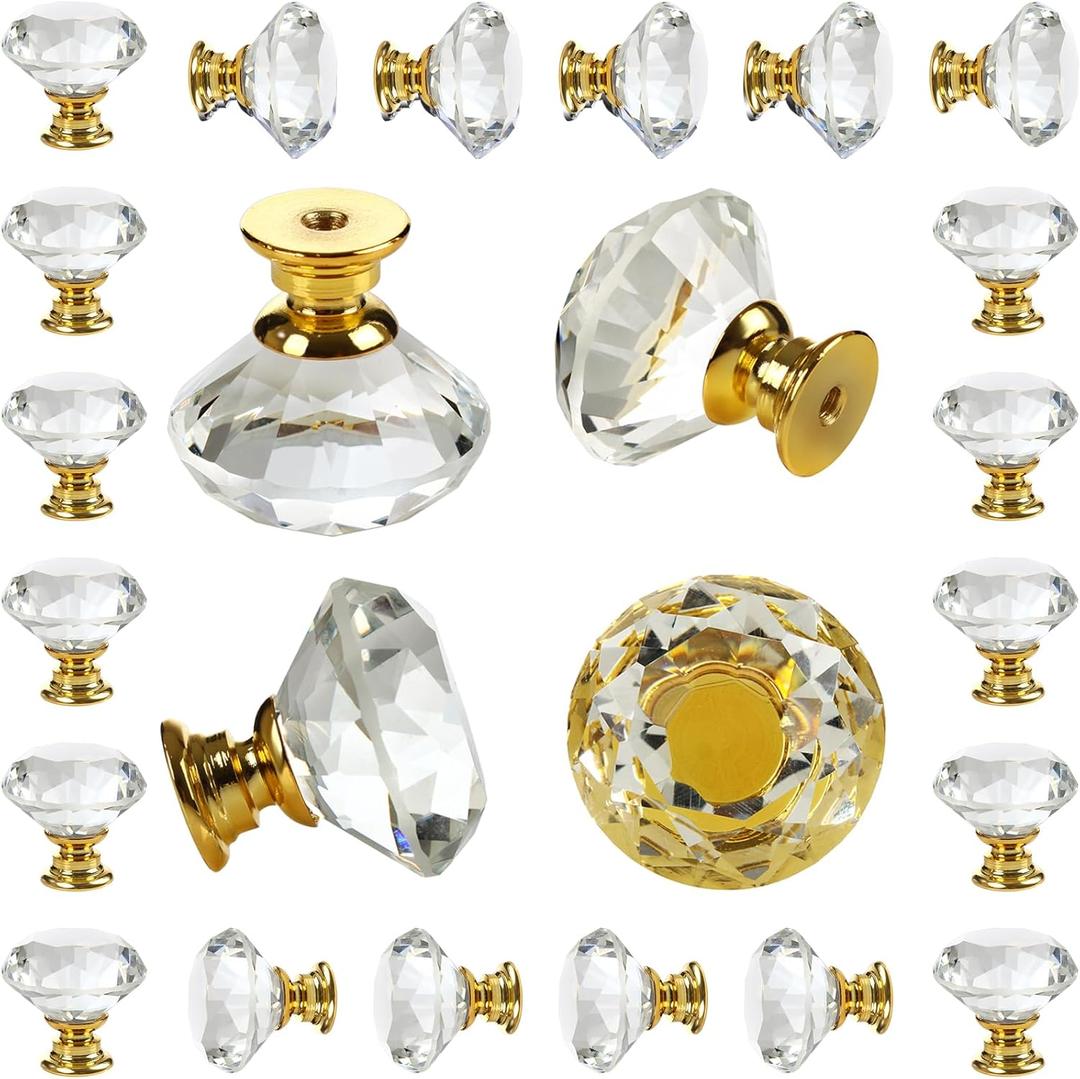 DEELF 24 Packs Crystal Cabinet Knobs Drawer Pulls and Knobs Kitchen Cabinet Knobs Diamond Dresser Knobs Crystal Knobs for Drawers - 40 mm Clear Glass Cabinet Knobs with Gold Base