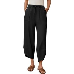 grewley Womens Barrel Harem Linen Pants Wide Leg Pants Baggy Sweatpants Palazzo Drawstring Elastic Waist with Pockets Beach XXL