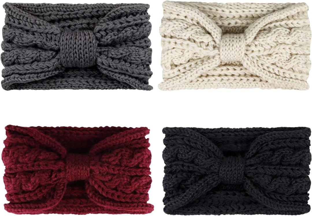 DRESHOW Knit Crochet Headband for Women Ear Warmer Soft Turban Stretch Warmer Headbands Winter Fashion Head Wrap (4 Pack A Crochet Knot)
