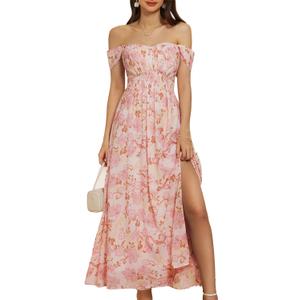 GRACE KARIN 2025 Women's Summer Floral Print Flowy A Line Maxi Dresses Sleeveless Smocked Off Shoulder Dress, S