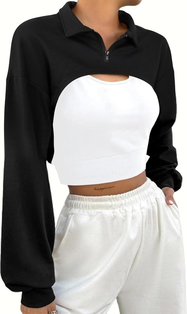 LovelyWholesale Women Cropped Hoodie Zip Up Long Sleeve Crop Top Sweatshirts (Black, XL)