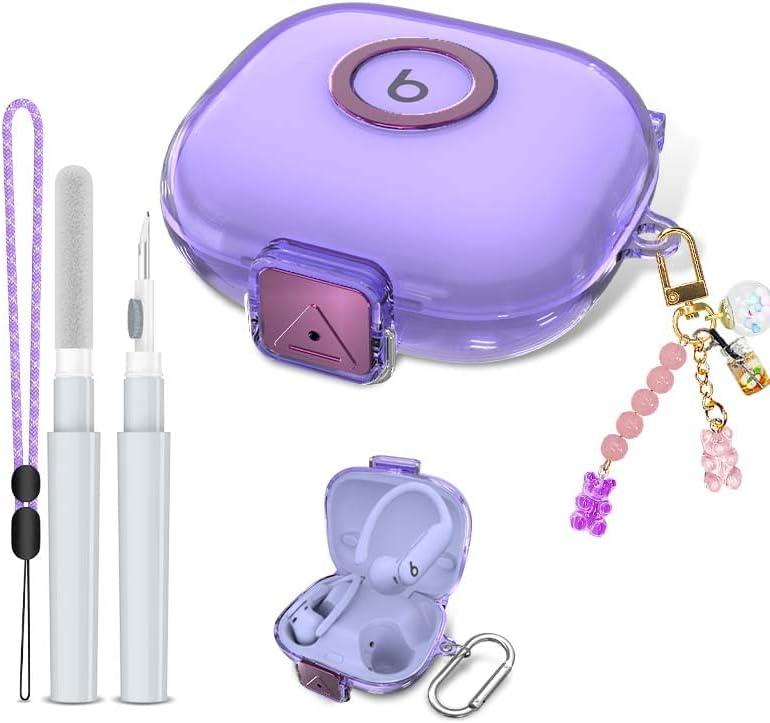 Clear Cover for Powerbeats Pro 2 Case with Secure Lock & Phone Stand, Soft TPU Protective Cover Compatible with Beats Powerbeats Pro 2 Earbuds Accessories with Fashion Keychain for Women, Clear Purple