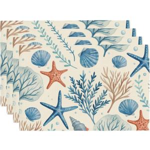 Watercolor Blue Seashells Placemats Set of 4 12x18 Inch