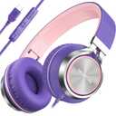 INFURTURE USB C Headphones with Mic,Volume Control,Tangle-Free Plaiting Line,Wired Headphones Type c,Lightweight Foldable for iPhone 17/16/15 Headphone Series/Tablet/School/Travel/Sports/Audiobooks (Pink-purple)