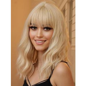 Mairead Short Blonde Wig With Bangs Short Wavy Curly Wig With Bangs Blonde Bob Wigs For Women Synthetic Heat Resistant Wigs for Halloween Costumes Cosplay Daily (Body, 613#)