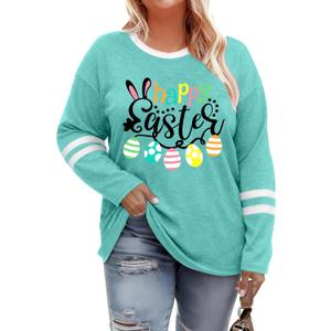 Plus Size Easter Shirts for Women Cute Bunny Rabbit Graphic Shirt Happy Easter Long Sleeve Tees Tops (Blue, XXXL)