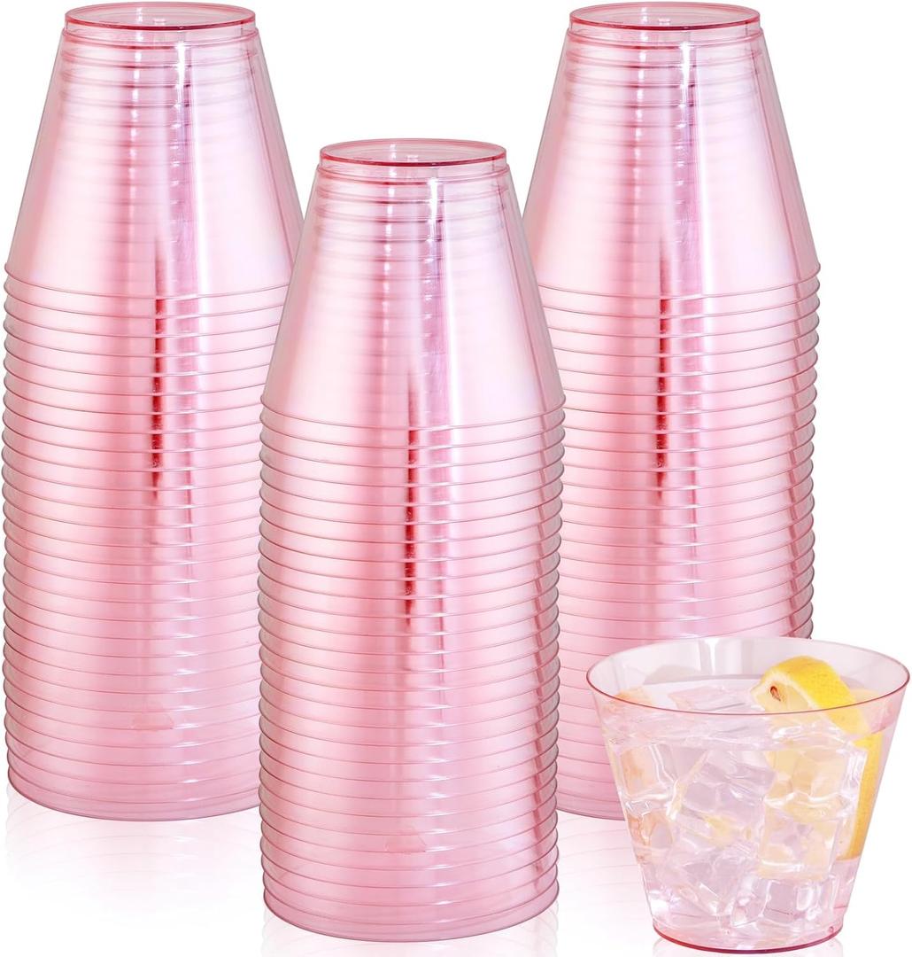 Ciaell 300PCS Clear Pink Plastic Cups - 9 Oz Heavy Duty Plastic Cups - Clear Party Cup Disposable Wine Cup for Parties & Weddings & Party