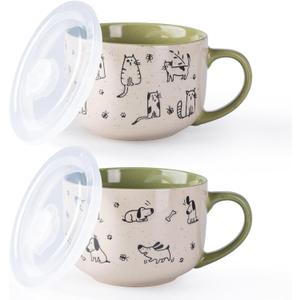 AmorArc 32 Ounces Ceramic Soup Mugs with Lids and Handle, Stoneware Bowls Cup Set of 2 for Soup, Stew, Noodle, Beautiful Mug Bowls With Lovely Dog,Cat Patterns, Microwave&Dishwasher Safe, Olive