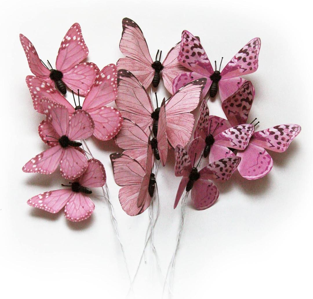 12 Pack Butterfly Decorations, DIY 3D Butterfly Stakes Decor, 2 Sizes of Butterfly Ornament for Home Fake Flower Floral Supplies Tea Party Wedding Easter Christmas Spring Fall. (Light Rose Red)